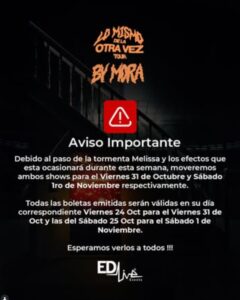 Conciertos de Mora en Santo Domingo reprogramados por la tormenta Melissa